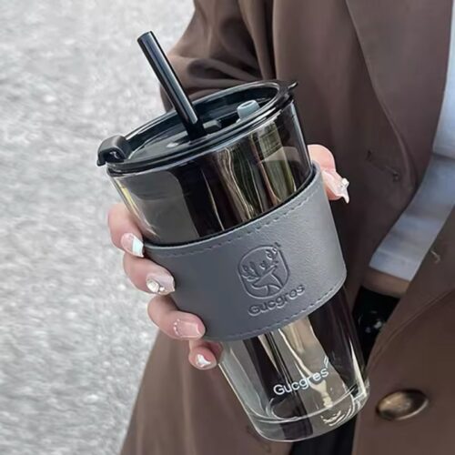 Large Size Bamboo Joint Glass Material Cup with Glass Straw and Leather Grip